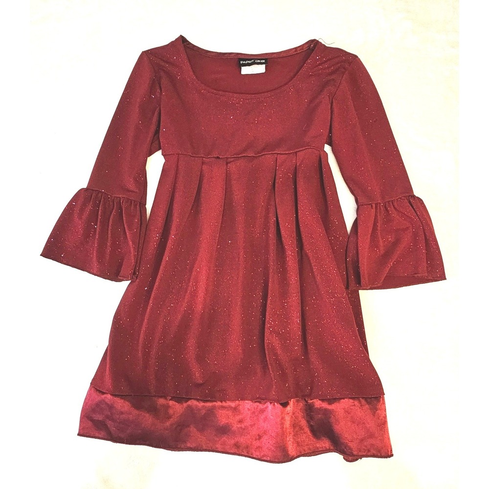 Paper Doll Girls Burgundy Glitter Bell Sleeve Empire Waist Dress Size 5 Holiday